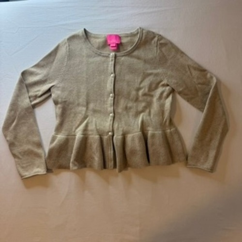 Lilly Pulitzer Girls Gold Metallic Peplum Cardigan Sweater L 8-10 Pearl Buttons